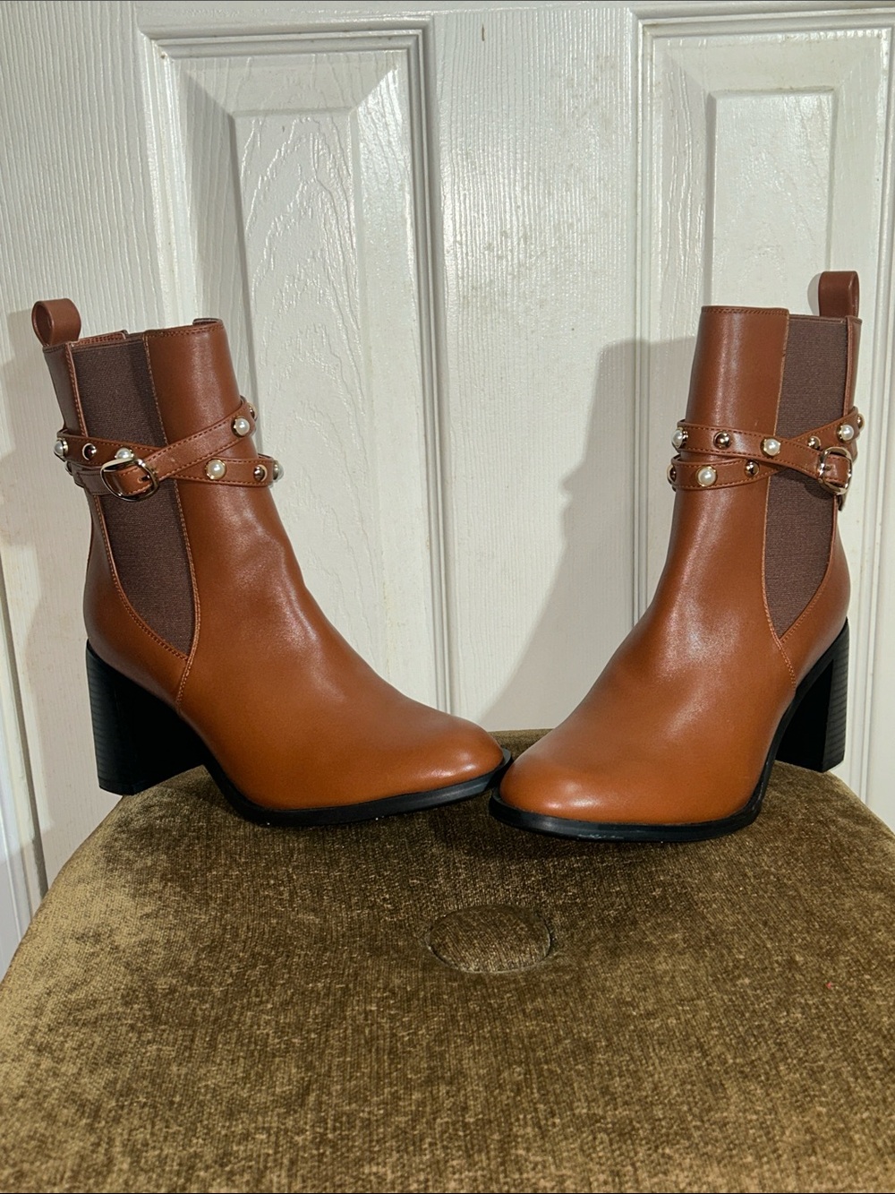Torgeis Ivy Boots Booties Cognac Brown Studded Strap Ankle Booties